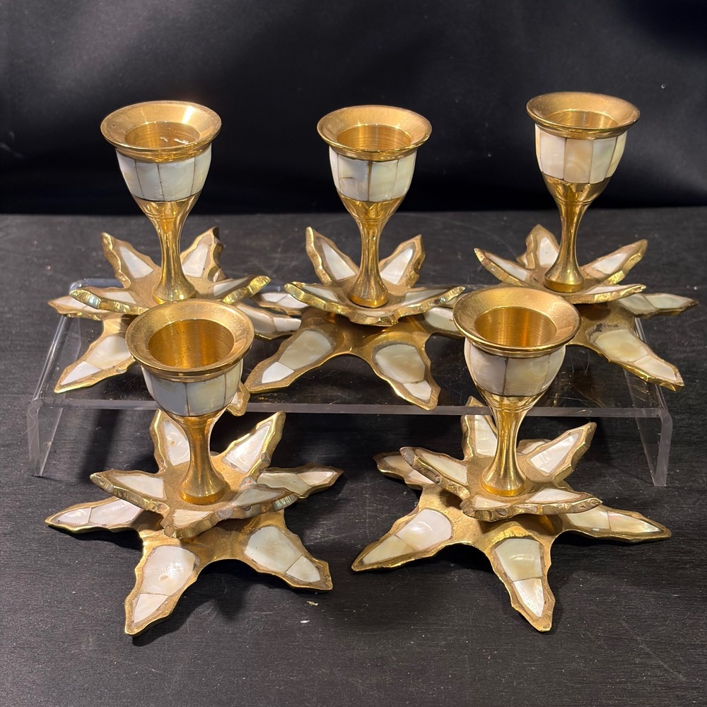 Vintage Brass Mother of Pearl Starburst Candle Holder Set of 5 Sunburst Inlay